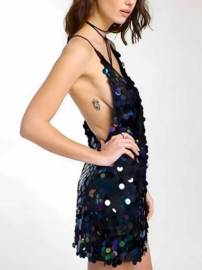 Sexy Deep V Neckline Black Sparkly Sequin Dress