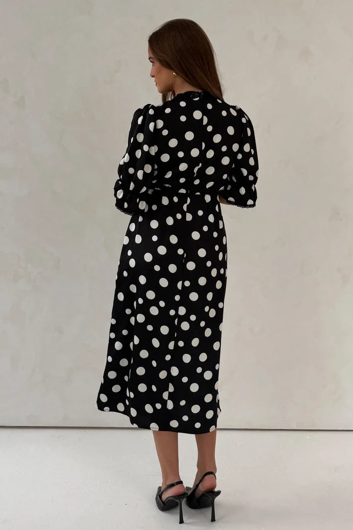 Sharon V-Neck Puff Sleeve Midi Dress (Black Polka)