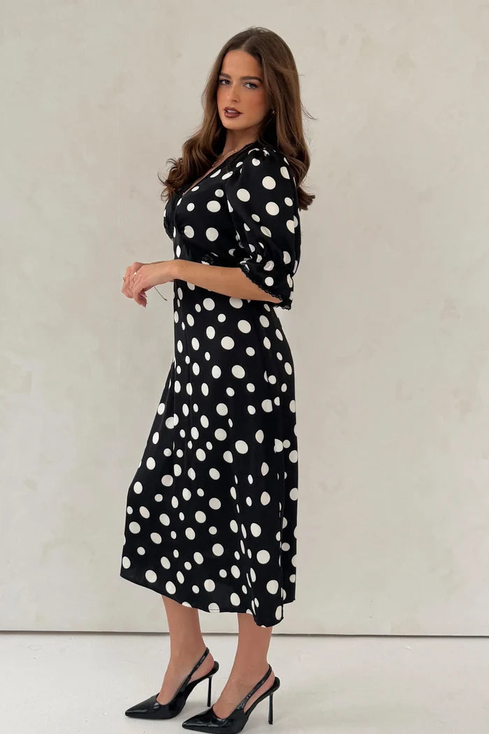 Sharon V-Neck Puff Sleeve Midi Dress (Black Polka)