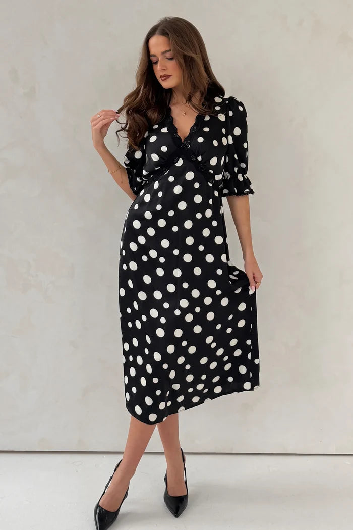 Sharon V-Neck Puff Sleeve Midi Dress (Black Polka)