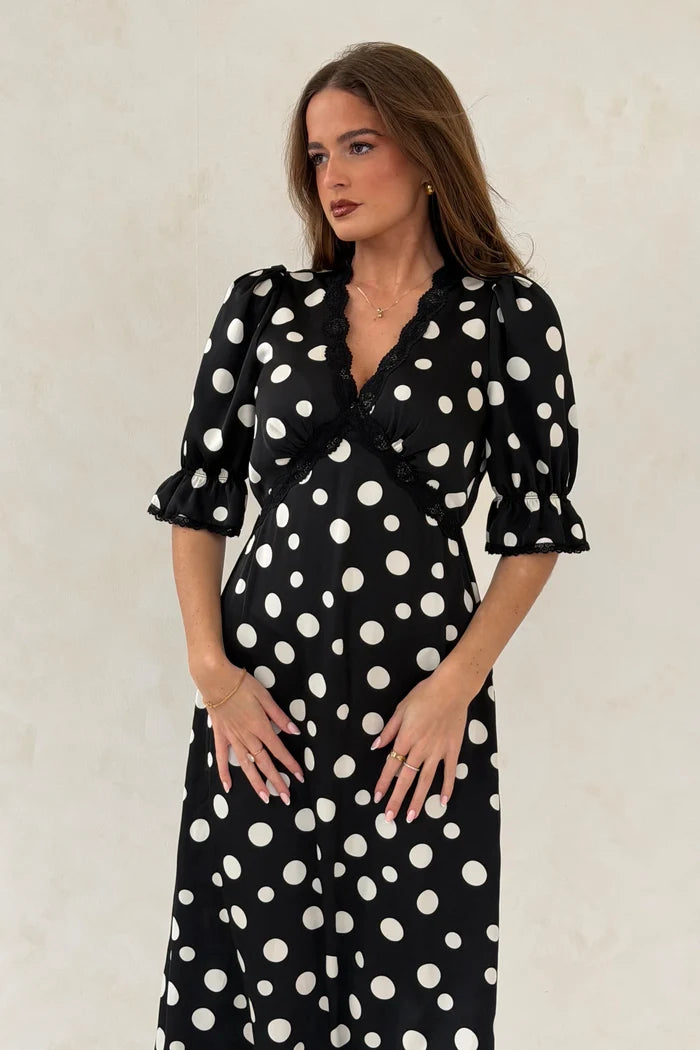 Sharon V-Neck Puff Sleeve Midi Dress (Black Polka)