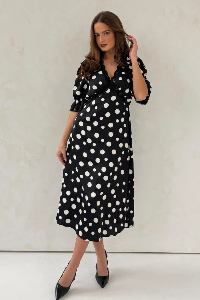 Sharon V-Neck Puff Sleeve Midi Dress (Black Polka)