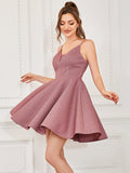 Shiny Deep V Neck Knee Length Prom Dress