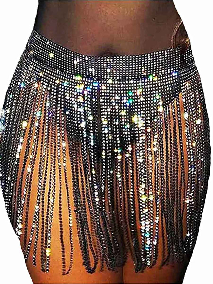 Shiny Wrap Belt Skirt - Black Rhinestone Tassel Skirt