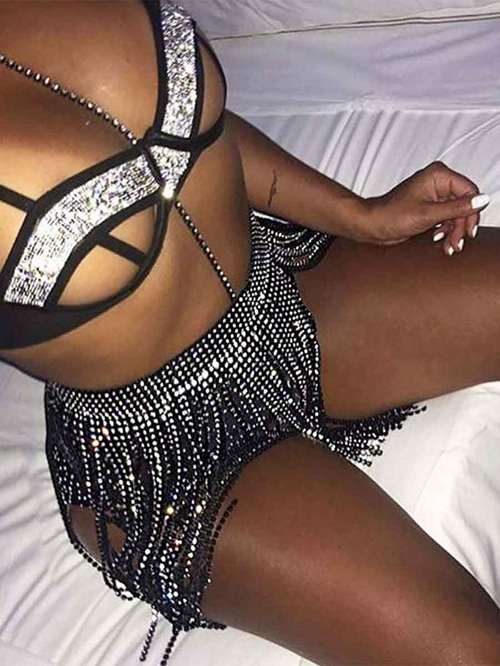Shiny Wrap Belt Skirt - Black Rhinestone Tassel Skirt