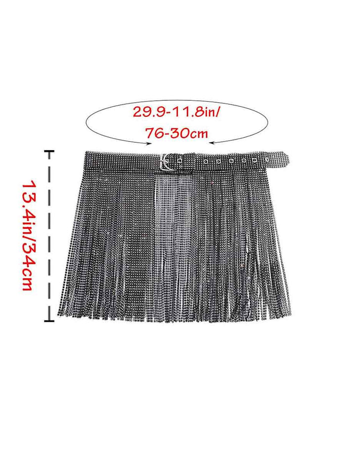 Shiny Wrap Belt Skirt - Black Rhinestone Tassel Skirt