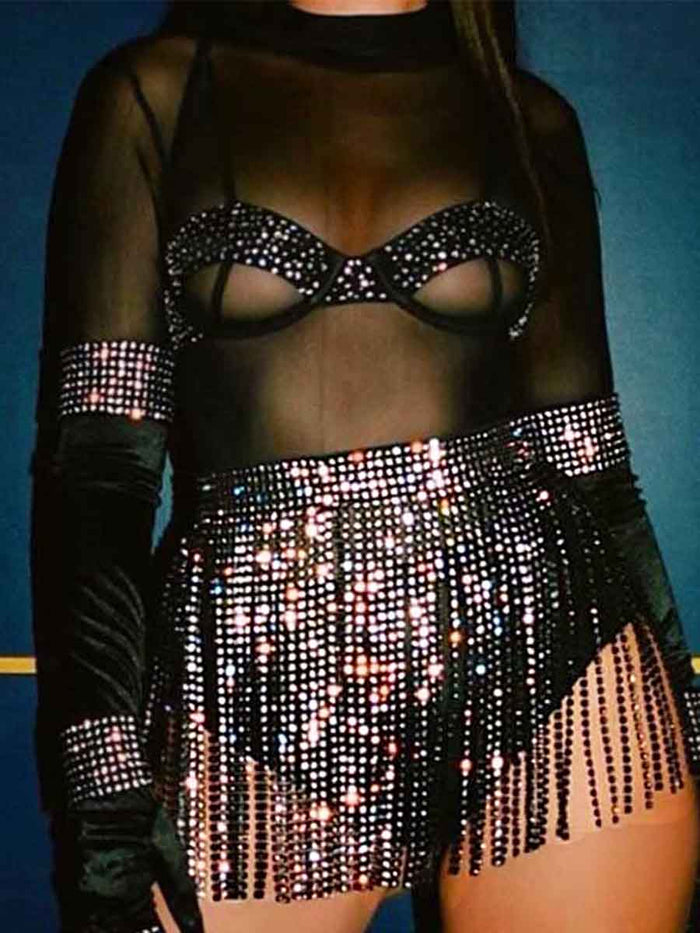 Shiny Wrap Belt Skirt - Black Rhinestone Tassel Skirt