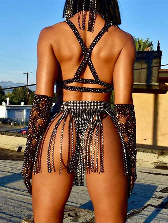 Shiny Wrap Belt Skirt - Black Rhinestone Tassel Skirt