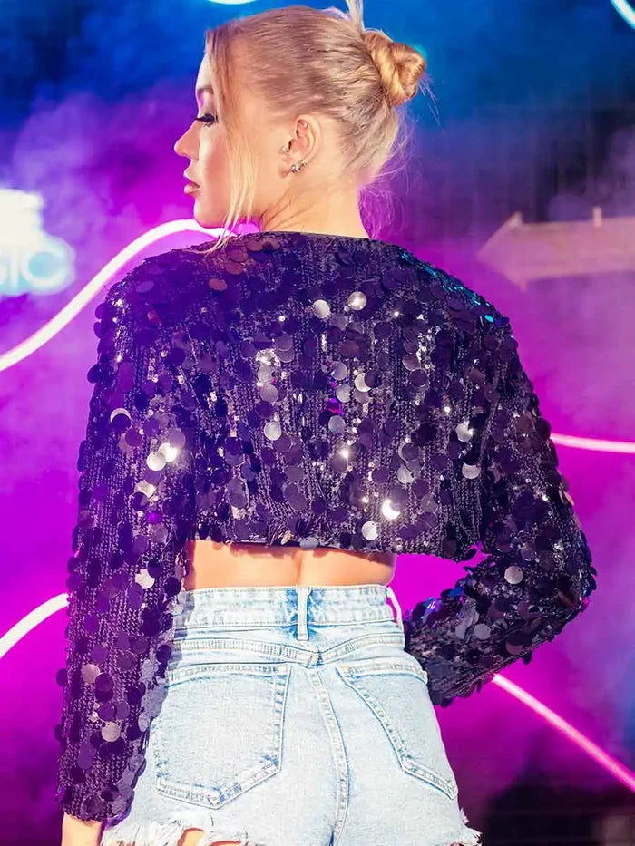 Short Casual Black Sequin Jacket Top