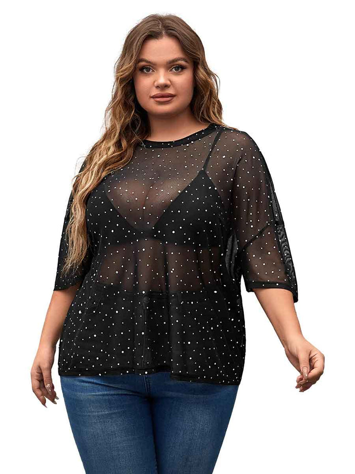 Short-Sleeved Round Neck Black Plus Size Rhinestone Shirts