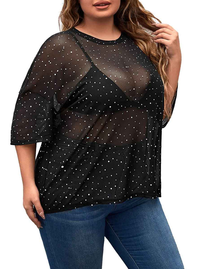 Short-Sleeved Round Neck Black Plus Size Rhinestone Shirts