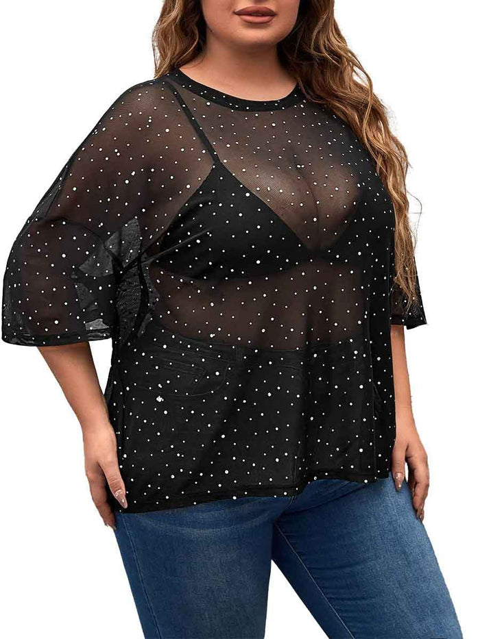 Short-Sleeved Round Neck Black Plus Size Rhinestone Shirts