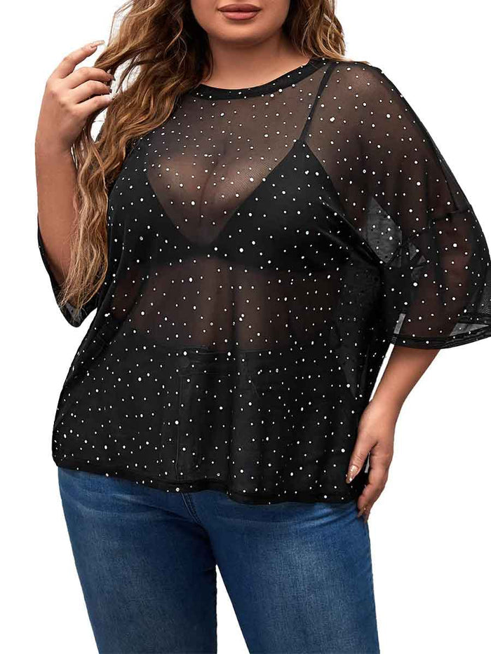 Short-Sleeved Round Neck Black Plus Size Rhinestone Shirts