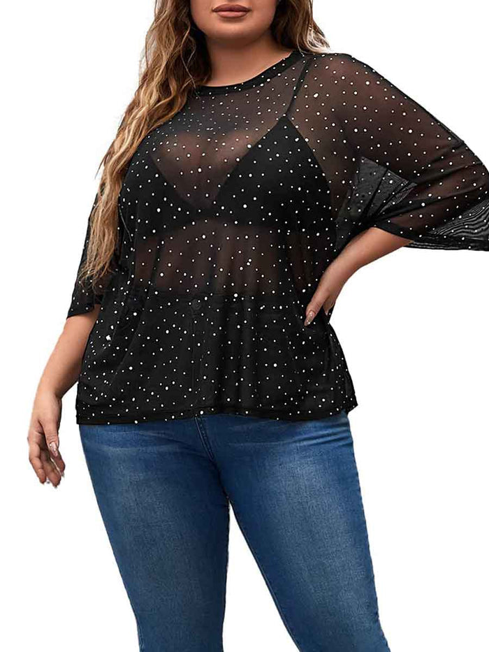 Short-Sleeved Round Neck Black Plus Size Rhinestone Shirts