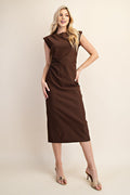Shoulder Brown Midi Dress