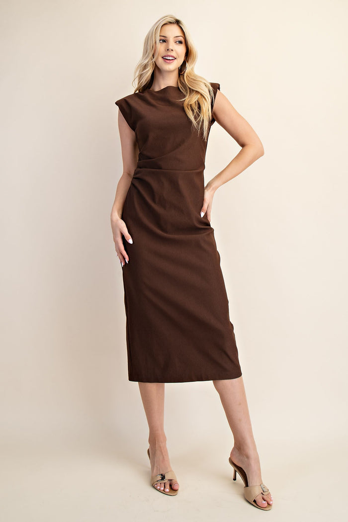 Shoulder Brown Midi Dress