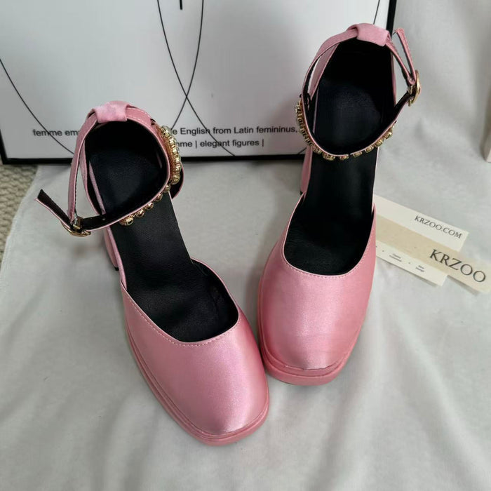 Silk satin square-toe platform heels