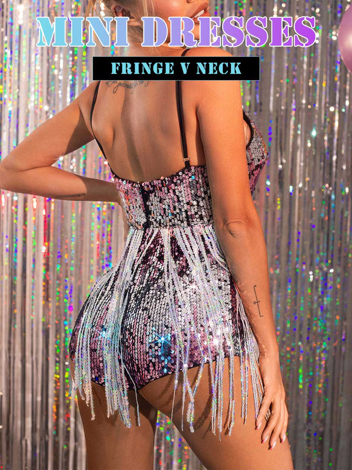 Silver and Pink Sequin Fringe Bodysuit