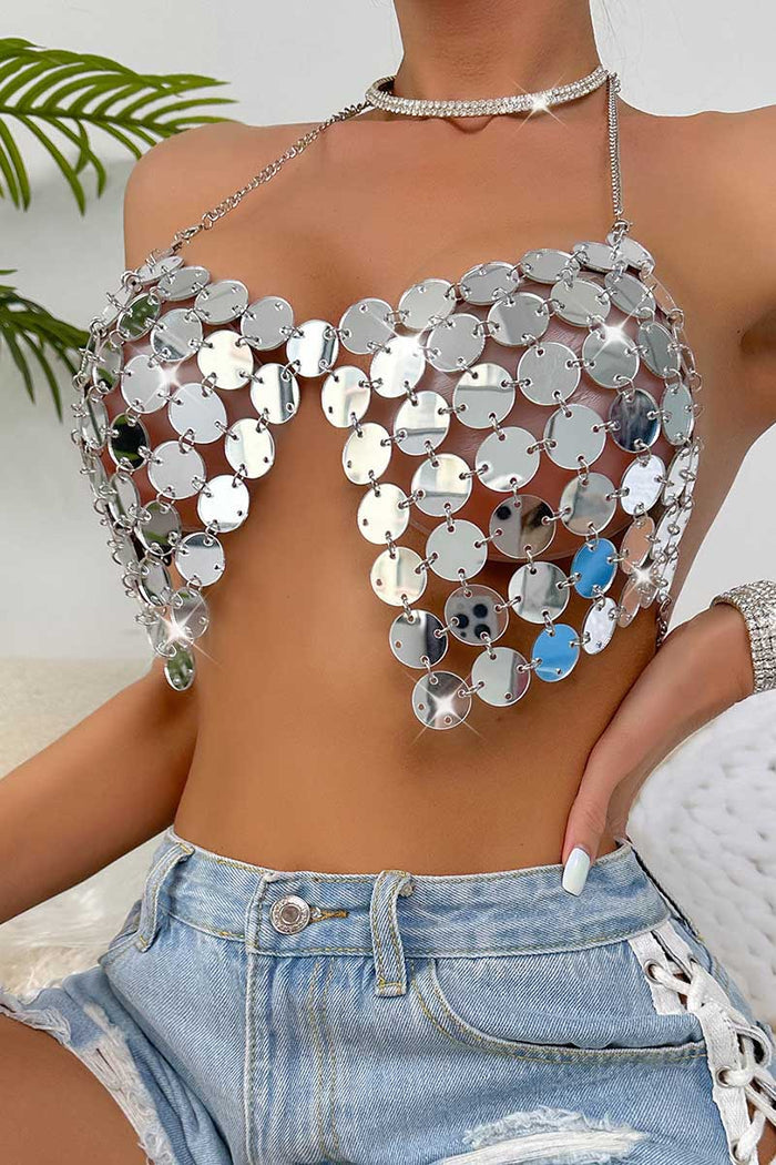 Silver Disc Bra - Large Round Sequin Halter Tank Top