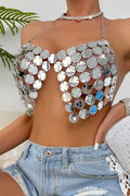 Silver Disc Bra - Large Round Sequin Halter Tank Top