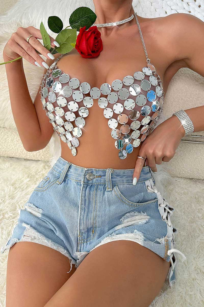 Silver Disc Bra - Large Round Sequin Halter Tank Top