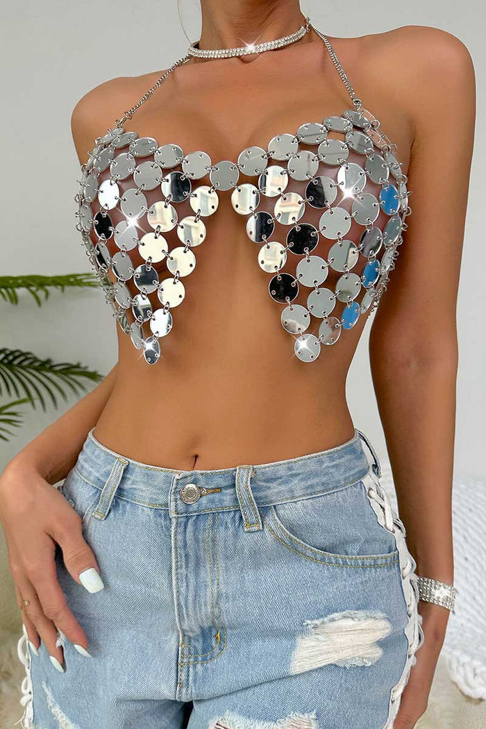 Silver Disc Bra - Large Round Sequin Halter Tank Top