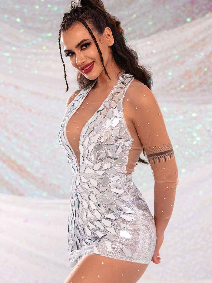 Silver Glitter Mini Dress â€?Silver Mirrored Sequin Dress
