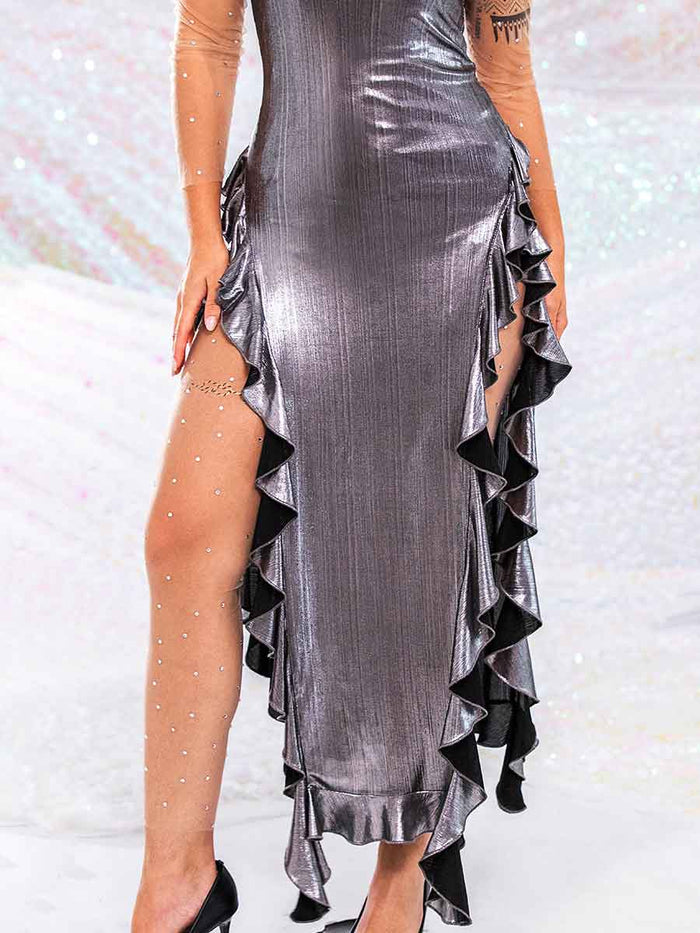 Silver-Grey Tube-Top Reflective Pleated Skirt Dress