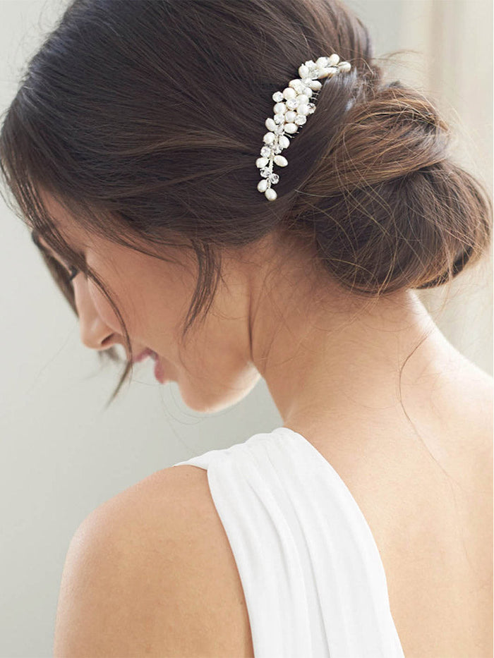 Silver Hair Comb with Pearls and Rhinestones