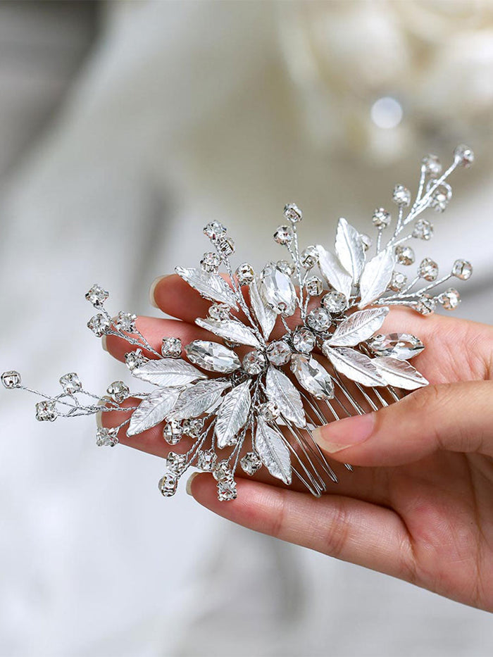Silver Leaf Rhinestone Wedding Hair Comb