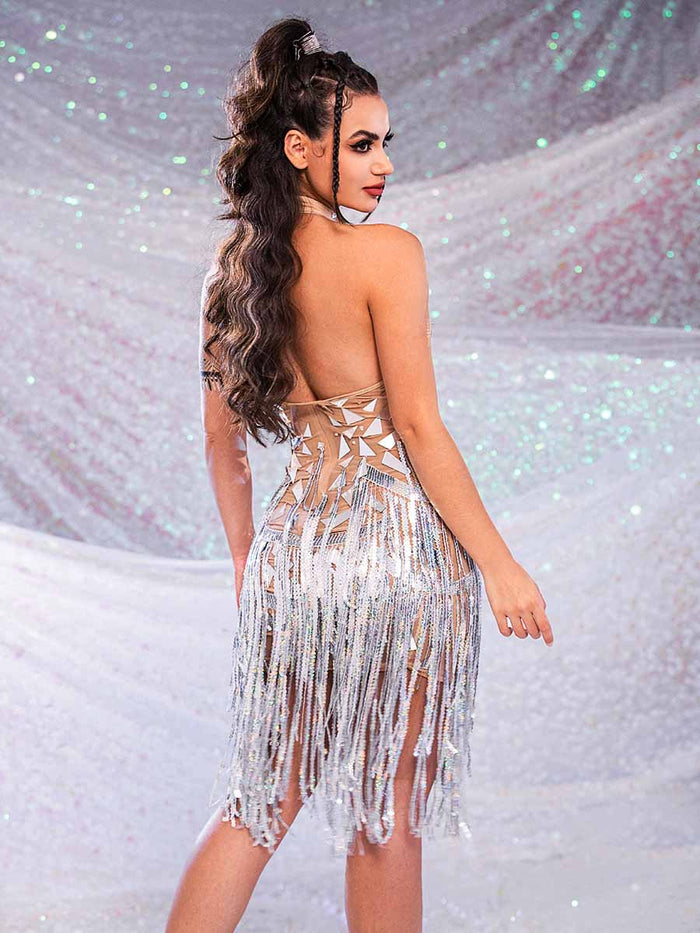 Silver Mirror Dress - Sequin Fringe Rhinestone Dress