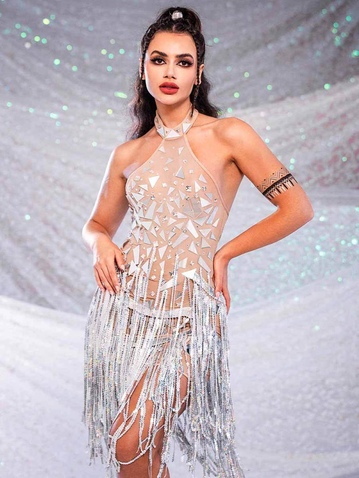 Silver Mirror Dress - Sequin Fringe Rhinestone Dress
