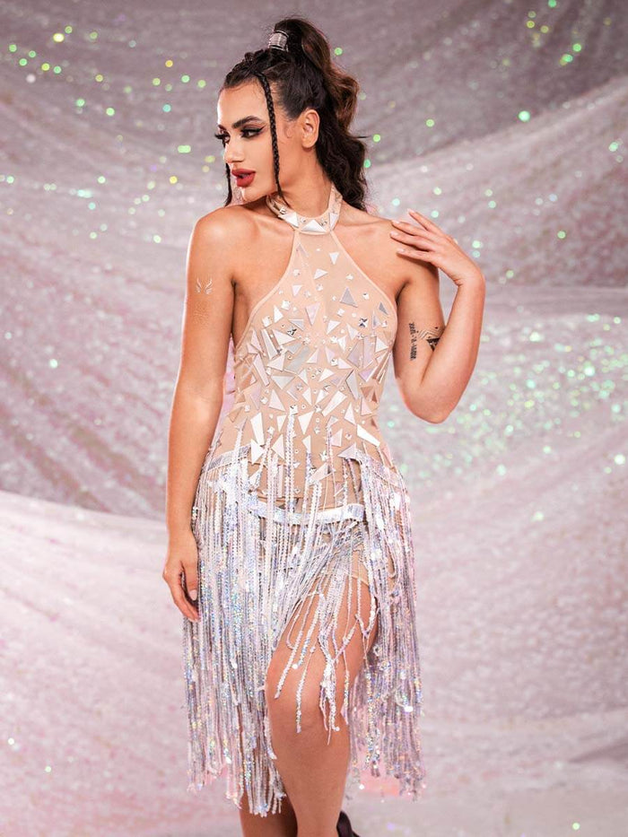 Silver Mirror Dress - Sequin Fringe Rhinestone Dress