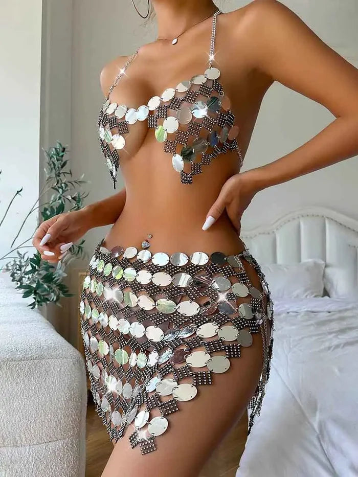 Silver Sequin 2 Piece Set - Mini Skirt + Bra Top