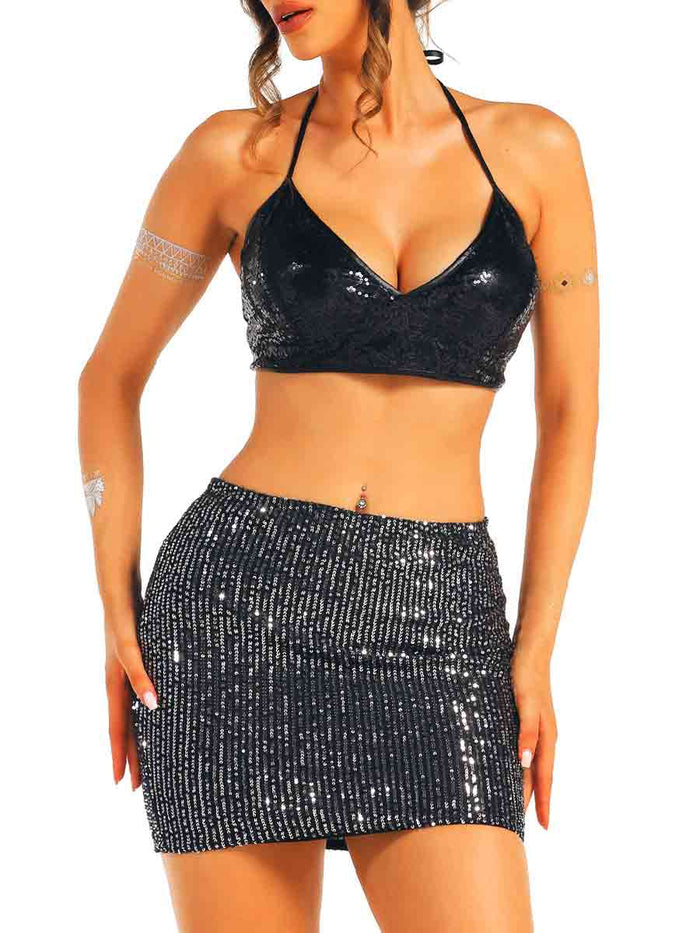 Silver Sequin Black Mini Skirt