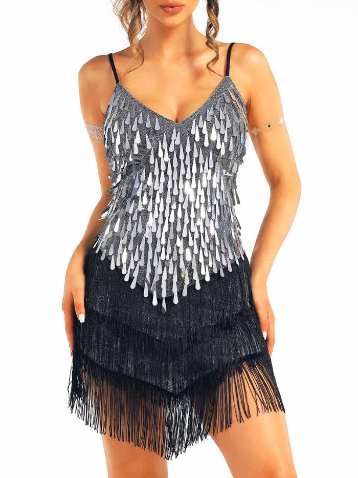 Silver Sequin Black Tassel Dress
