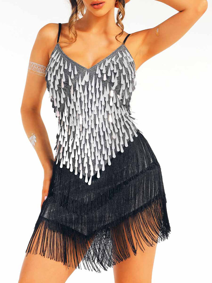 Silver Sequin Black Tassel Dress