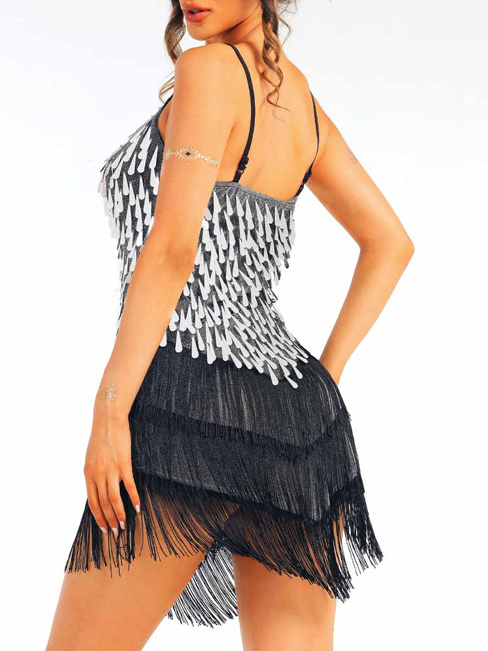 Silver Sequin Black Tassel Dress