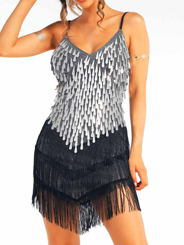 Silver Sequin Black Tassel Dress
