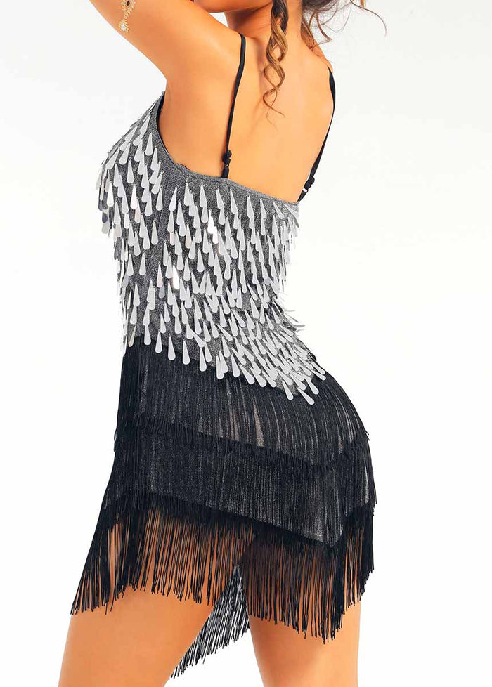 Silver Sequin Black Tassel Dress