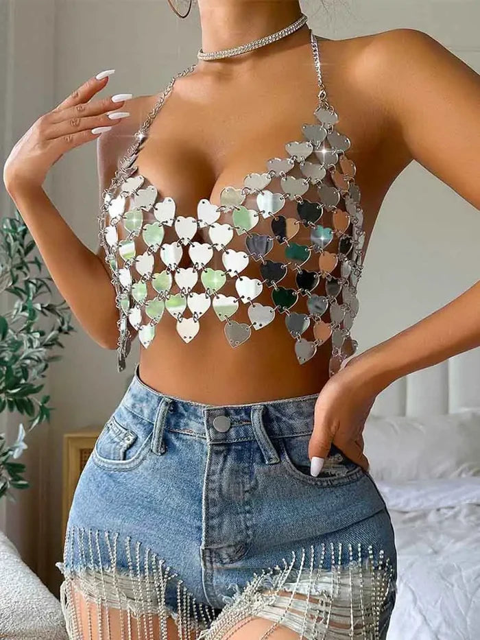 Silver Sequin Bralette Top - Heart-Shaped Sparkly Top
