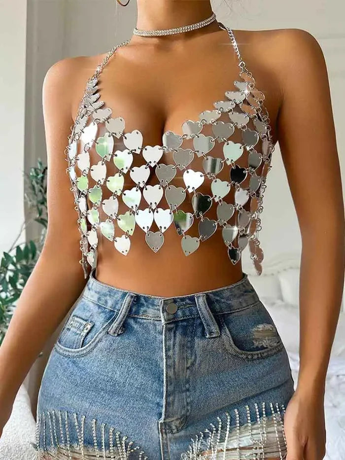 Silver Sequin Bralette Top - Heart-Shaped Sparkly Top