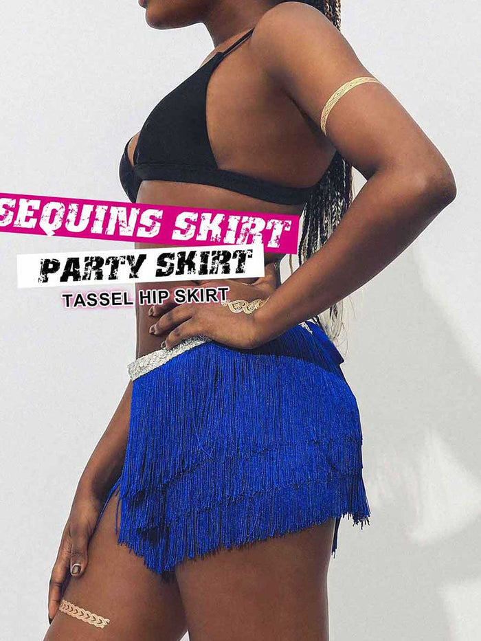 Silver Sequin Bright Blue Tassel Skirt