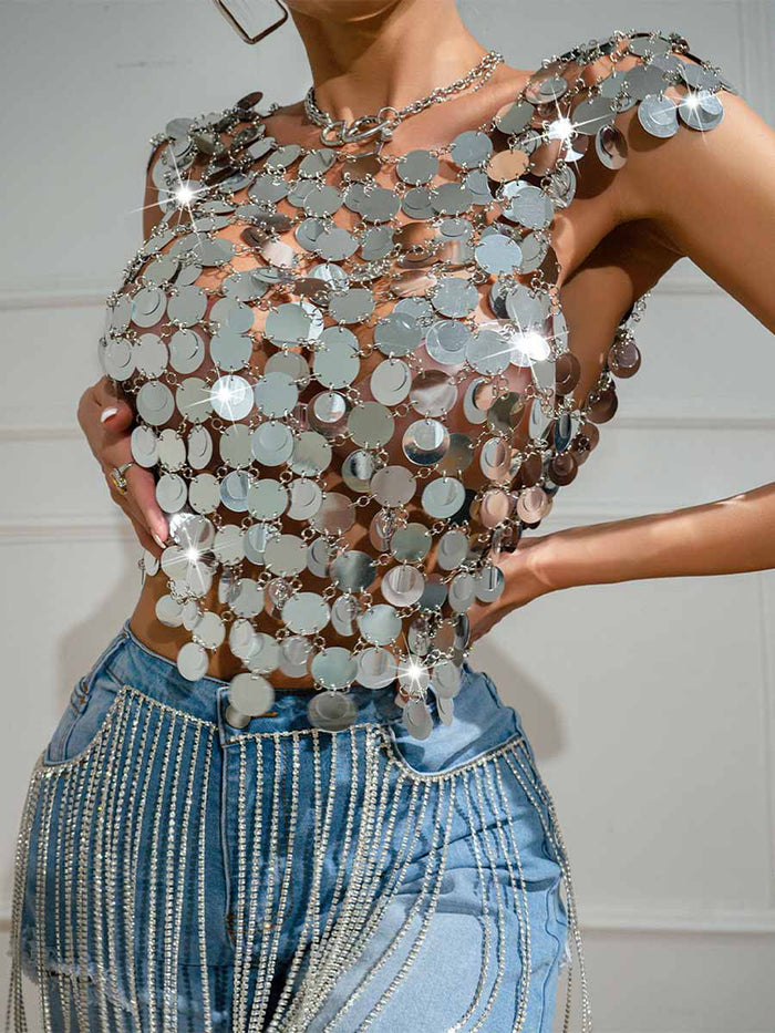 Silver Sequin Chainmail Patchwork Tank Top