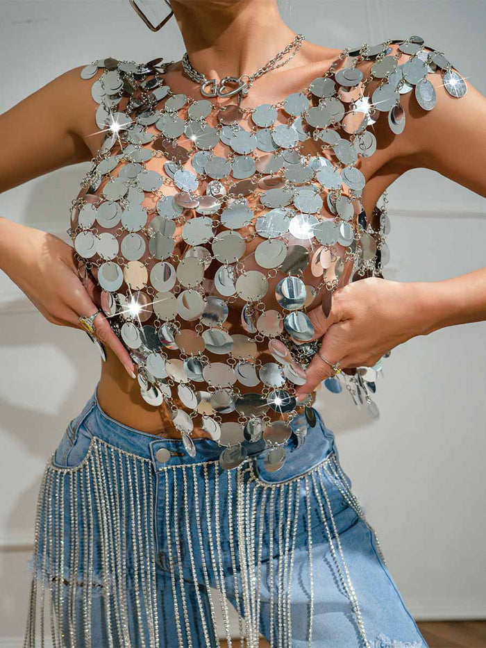 Silver Sequin Chainmail Patchwork Tank Top