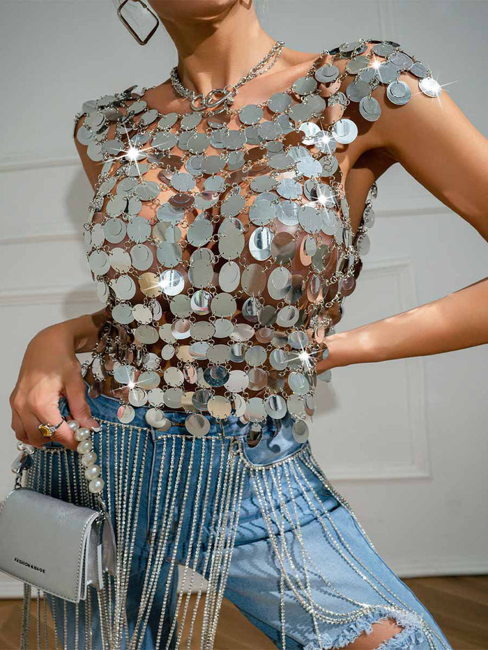 Silver Sequin Chainmail Patchwork Tank Top