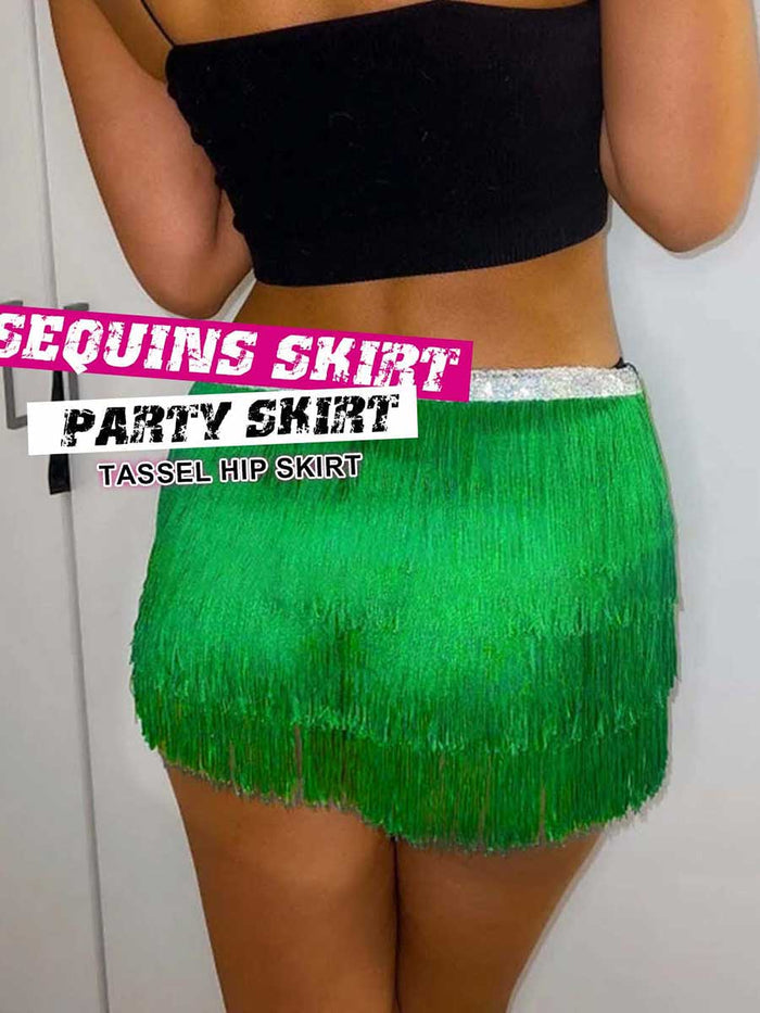 Silver Sequin Green Tassel Skirt