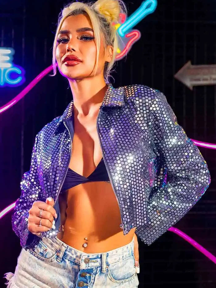 Silver Sequin Jacket - Edgy Short Sparkling Jacket Top