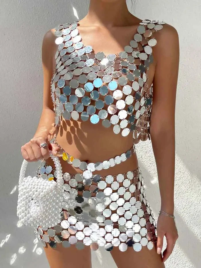 Silver Sequin Matching Set - Middle Skirt + Bra Top