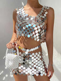 Silver Sequin Matching Set - Middle Skirt + Bra Top
